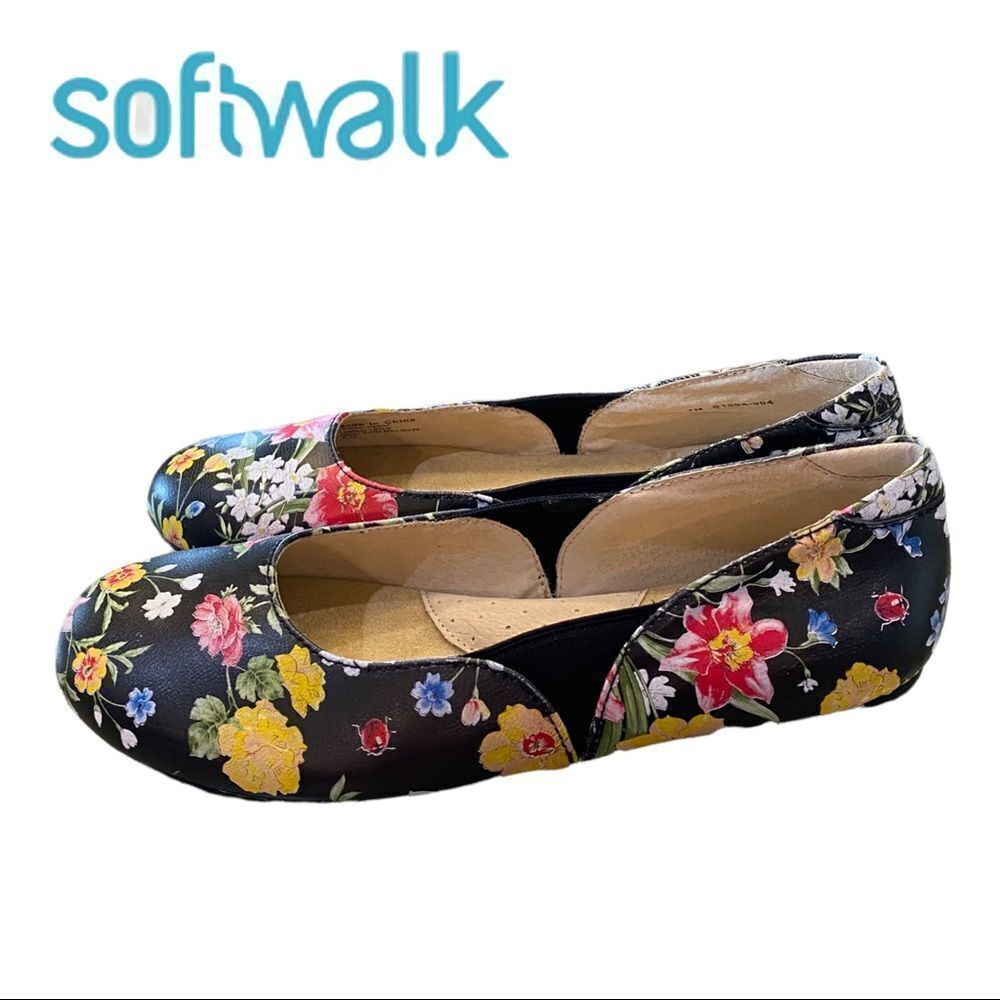 NEW SoftWalk Norwich Women's Black Floral Leather Ballet Flats 7 7N